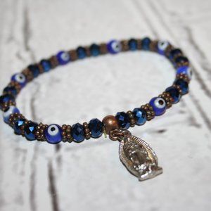 🧿✨ Silver & Blue Evil Eye Bracelet with Mother Mary Charm – 7" · Spiritual